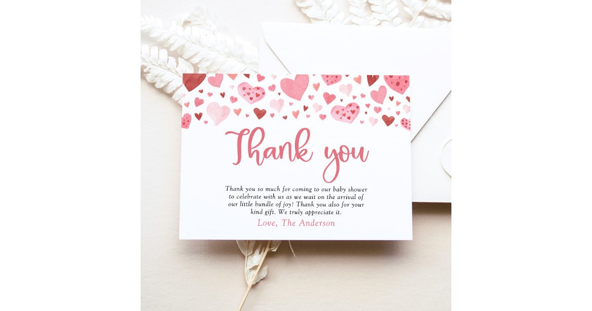 Pink Red Hearts Valentine Sweetheart Baby Shower Thank You Card | Zazzle