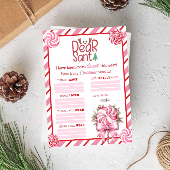 Pink Red Holiday Candy Cane Christmas Wishlist Card (Pink Red Holiday Candy Cane Christmas Wishlist Card)
