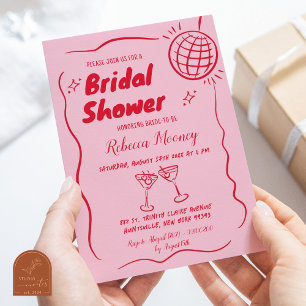 Pink Red Illustrated Retro Vintage Bridal Shower Invitation