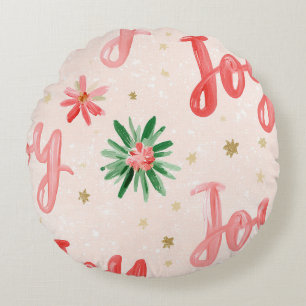 Pink Red Joy Christmas Round Pillow