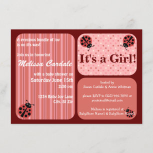 Pink Red Ladybug Baby Shower Invitations Girl