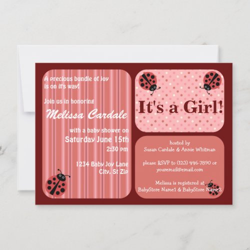 Pink Red Ladybug Baby Shower Invitations Girl