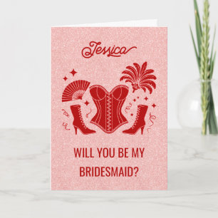 Pink + Red Las Vegas Showgirl Bridesmaid Proposal Card