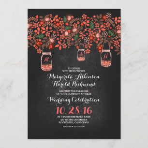 pink red lights mason jars chalkboard wedding invitation