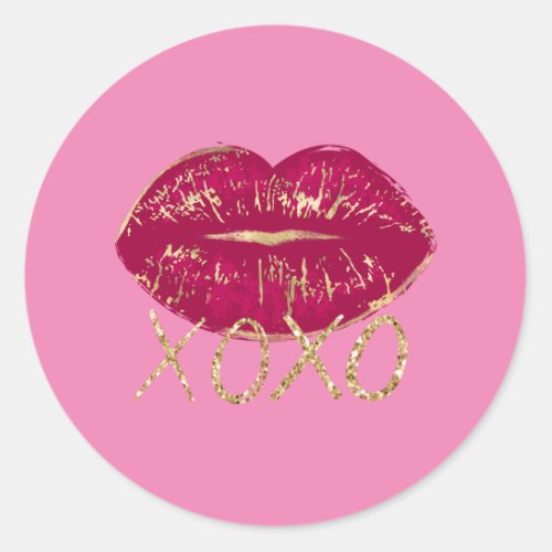 Pink Red Lips Kiss Gold Glitter XOXO Classic Round Sticker