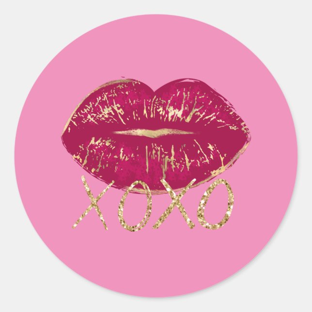 Pink Red Lips Kiss Gold Glitter XOXO Classic Round Sticker (Front)