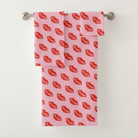 Pink Red Lips Lipstick Kiss Print Love Valentine Bath Towel Set