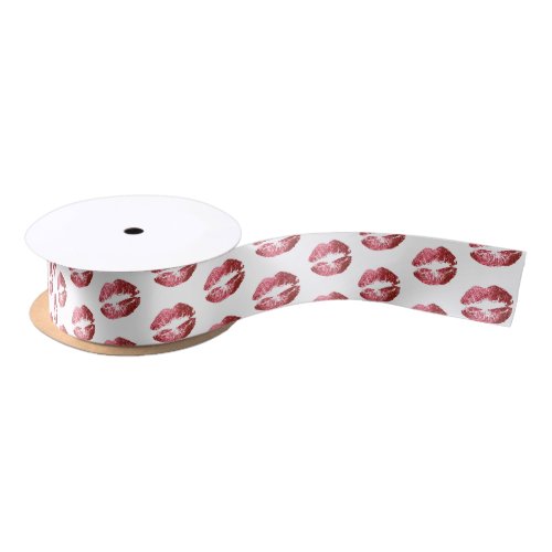 Pink Red Lips on White Satin Ribbon