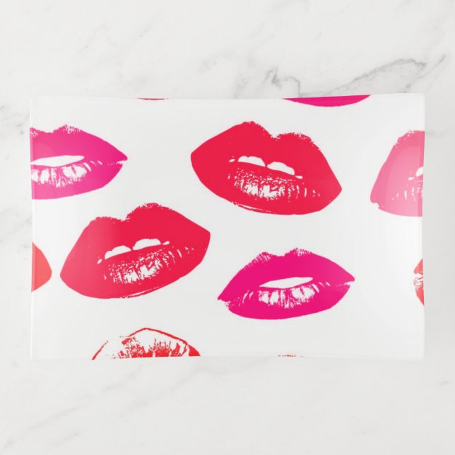 Pink & Red Lips Print Jewelry Dish, Chic Trinket Tray (Front)