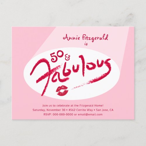 Pink Red Lipstick 50 and Fabulous Birthday Party Invitation Postcard