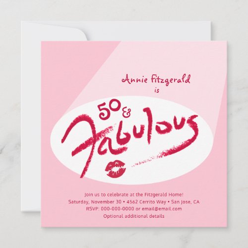 Pink Red Lipstick 50 Fabulous Birthday Party  Invitation