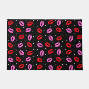 Pink Red Lipstick Kiss Prints Hearts Door Mat- BLK Doormat