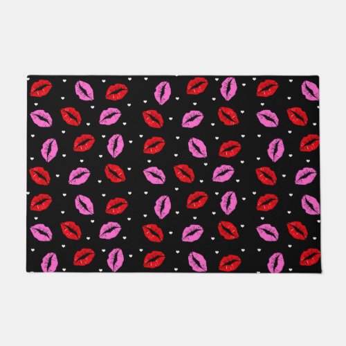 Pink Red Lipstick Kiss Prints Hearts Door Mat_ BLK Doormat