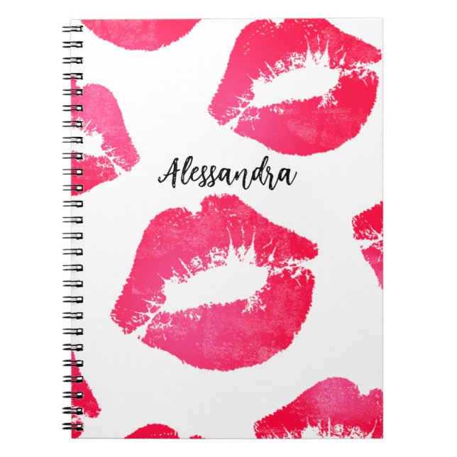 Pink Red Lipstick Kisses Personalized White  Notebook (Front)