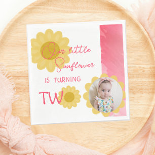 Pink Red Little Sunflower Second Birthday Photo Napkins