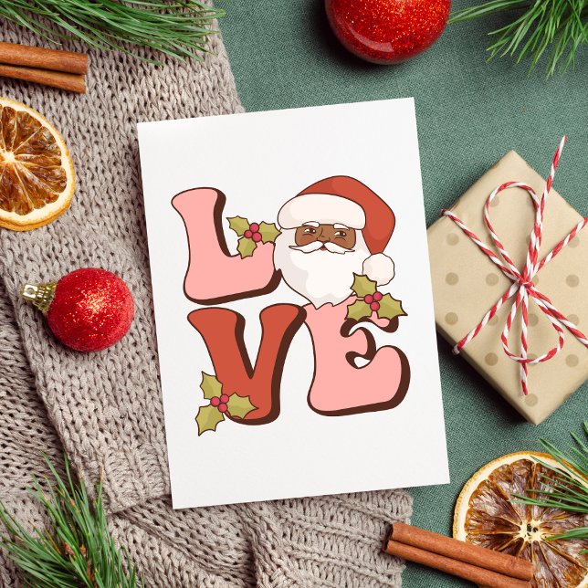 Pink & Red Love Black Santa Retro Christmas Card (Pink & Red Love Black Santa Retro Christmas Card)