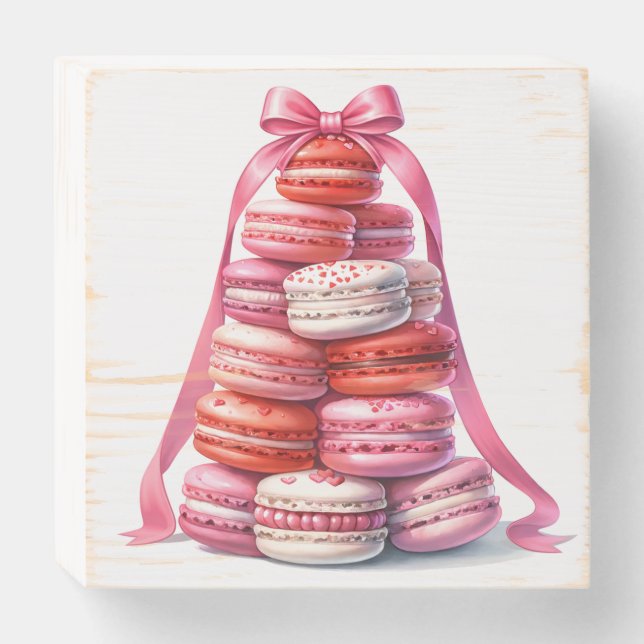 Pink & Red Macaron Tower with Bow  Wooden Box Sign (Front Horizontal)