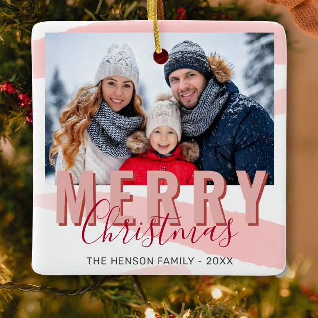 Pink Red Merry Christmas Script Family Photo Ceramic Ornament (Creator Uploaded)