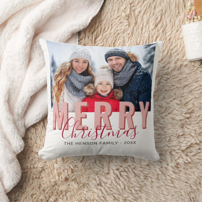Pink Red Merry Christmas Script Family Photo Throw Pillow (Blanket)