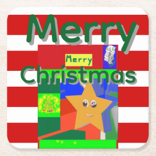 Pink Red Merry Christmas Square Paper Coaster