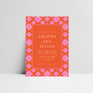 Pink & Red Mid Century Modern All in One Wedding Invitation