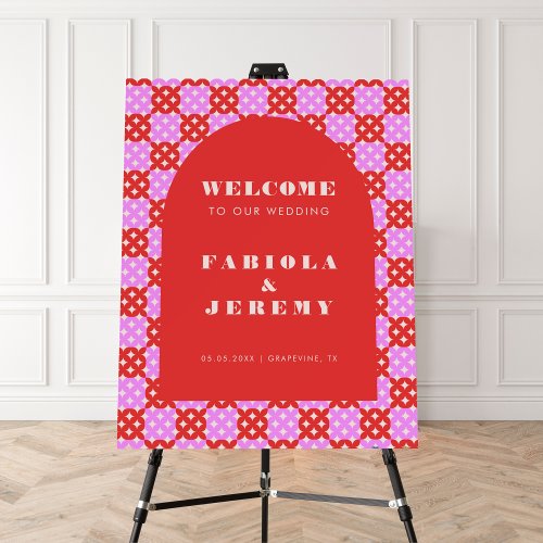 Pink Red Mid Century Modern Wedding Welcome Sign