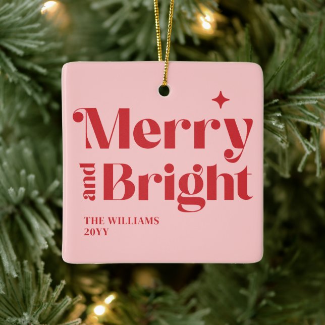 Pink Red Modern Christmas Merry Bright Ceramic Ornament (Tree)