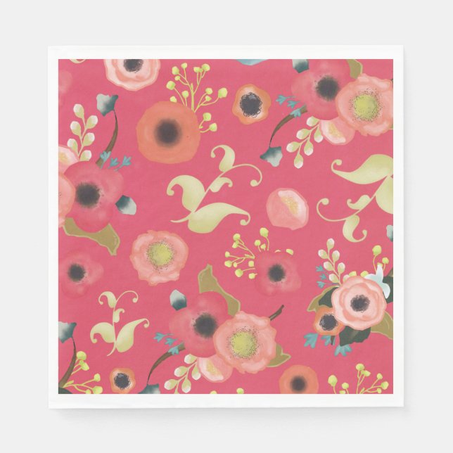 Pink Red Modern Floral Pattern Party  Napkins (Front)