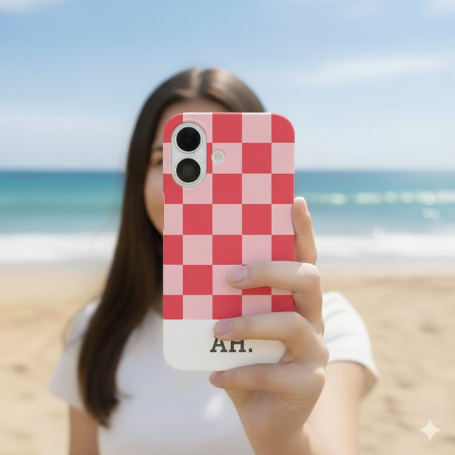 Pink Red Modern Monogrammed Checker  Case-Mate iPhone Case (iPhone 16 case shown in bare or though. Choose type of case and iphone model. Add your initials.)