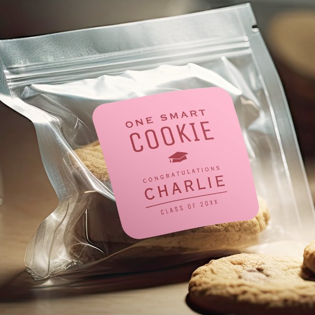 Pink Red Modern One Smart Cookie Graduation favor Square Sticker (Pink Red Modern One Smart Cookie Graduation favor Square Sticker)