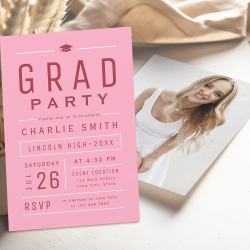 Pink Red Modern Simple Typography Graduation Party Invitation