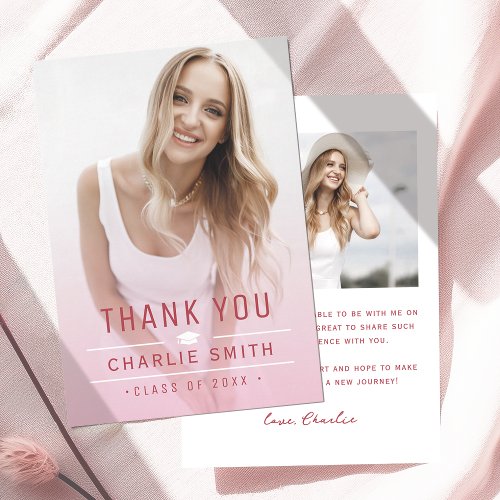 Pink Red Modern Simple Typography Photo Graduation Thank You Card