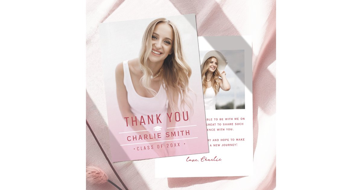 Pink Red Modern Simple Typography Photo Graduation Thank You Card | Zazzle