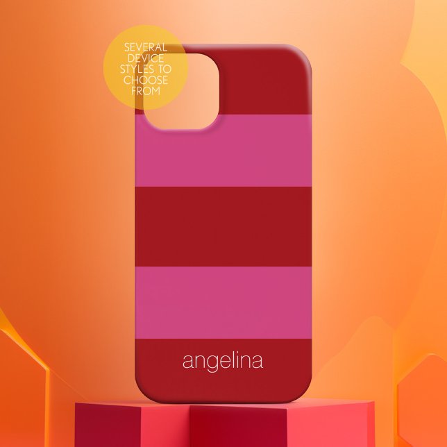 Pink Red Modern Striped Pattern with name Iphone Case (Personalized Case-Mate Phone Case - Choose Your Device and Add Text or Completely Customize)