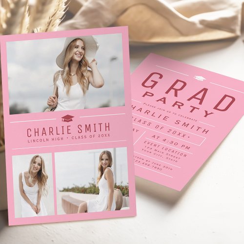 Pink Red Modern Typography Photo Graduation Party Invitation