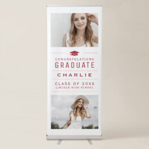 Pink Red Modern Typography Photo Graduation Party Retractable Banner