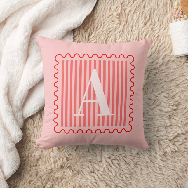 Pink Red Monogram Preppy Scalloped Throw Pillow (Blanket)