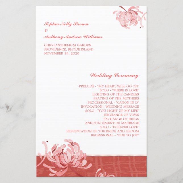 Pink Red Monotone Floral Wedding Program (Front)