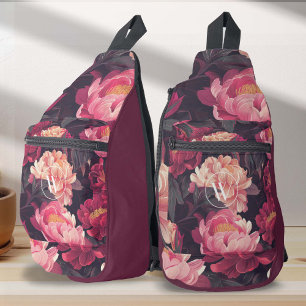 Pink red nature flower vintage pattern, monogram sling bag