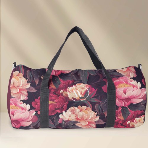 Pink red nature vintage flower pattern monogram accessory pouch