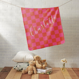 Pink Red Orange Checker Personalized Baby Name Blanket