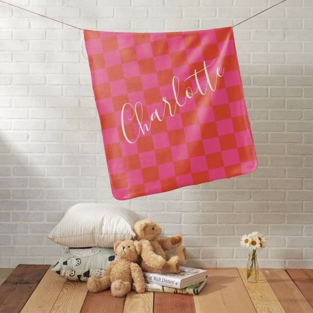 Pink Red Orange Checker Personalized Baby Name Blanket (In Situ)