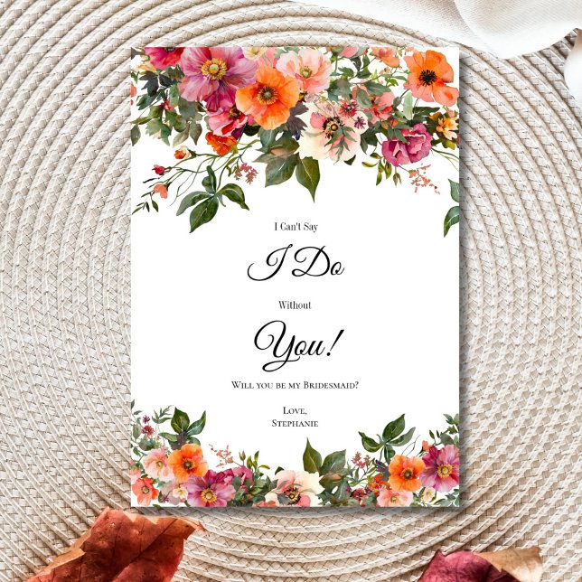 Pink Red Orange Floral Bridesmaid Proposal Cards (Pink Red Orange Watercolor Florals Bridesmaid Proposal Card. Digital or Printed)