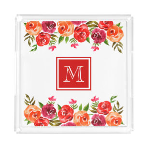Pink Red Orange Flowers Monogrammed Acrylic Tray