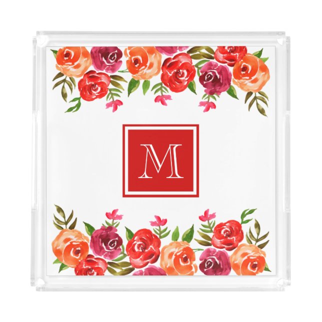 Pink Red Orange Flowers Monogrammed Acrylic Tray (Front)