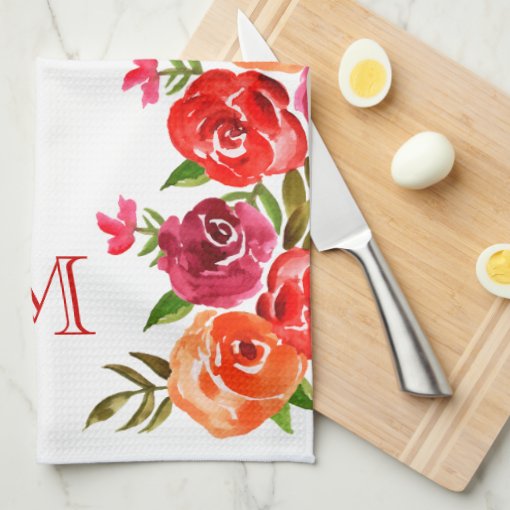 Pink Red Orange Flowers Monogrammed Kitchen Towel | Zazzle