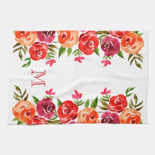 Pink Red Orange Flowers Monogrammed Kitchen Towel | Zazzle