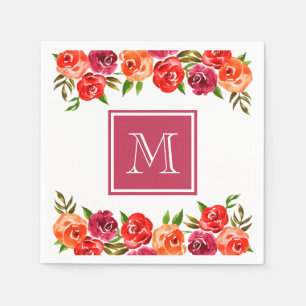 Pink Red Orange Flowers Monogrammed Napkins
