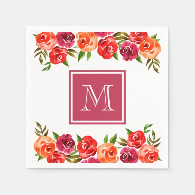 Pink Red Orange Flowers Monogrammed Napkins (Front)