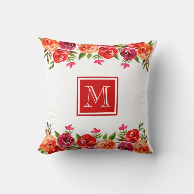 Pink Red Orange Flowers Monogrammed Throw Pillow (Front)
